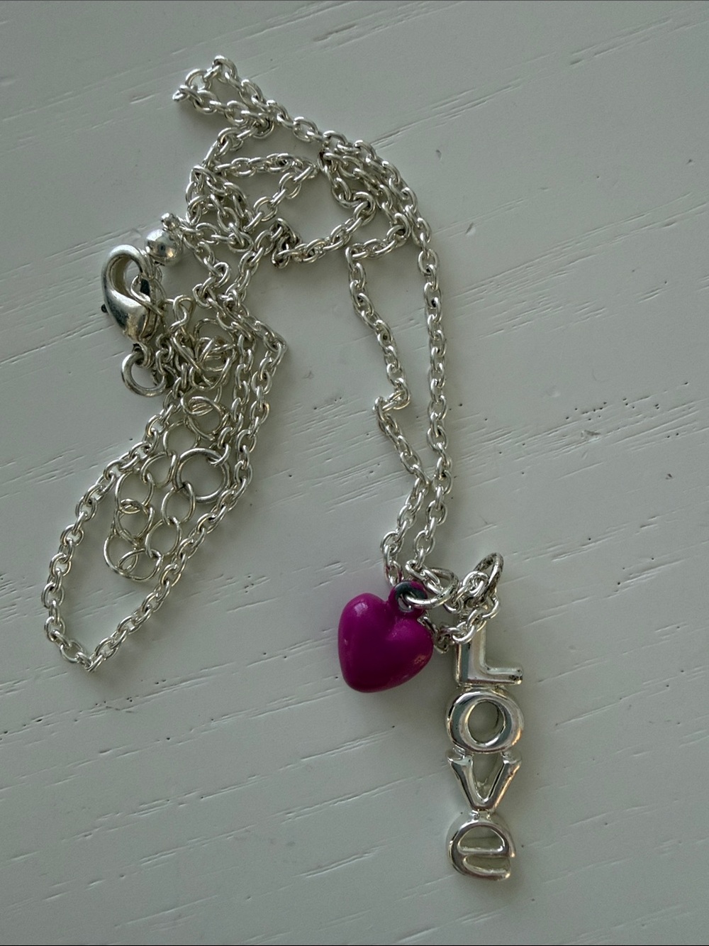 Silver Chain Necklace with Purple Heart and Love Charm